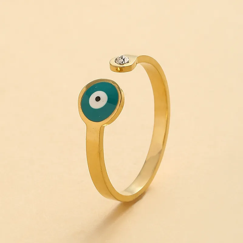 Bague Ouverte Œil Du Mal Acier Inoxydable Plaqué Or Émail Zirconia Bijoux De Doigt Ajustables Minimalistes Femmes