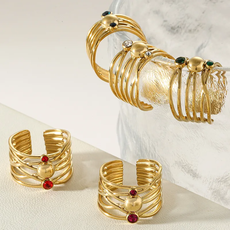 Multi Layer Pleated Line Ring Gold Plated Stainless Steel With Colorful Cubic Zirconia Open Adjustable Fashion Jewelry