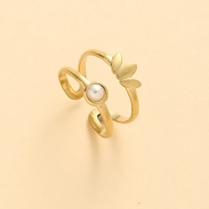 Gold Plated Stainless Steel Double Layer Open Ring Imitation Artificial Pearl Three Leaf Crown Adjustable Fashion Jewelry Women