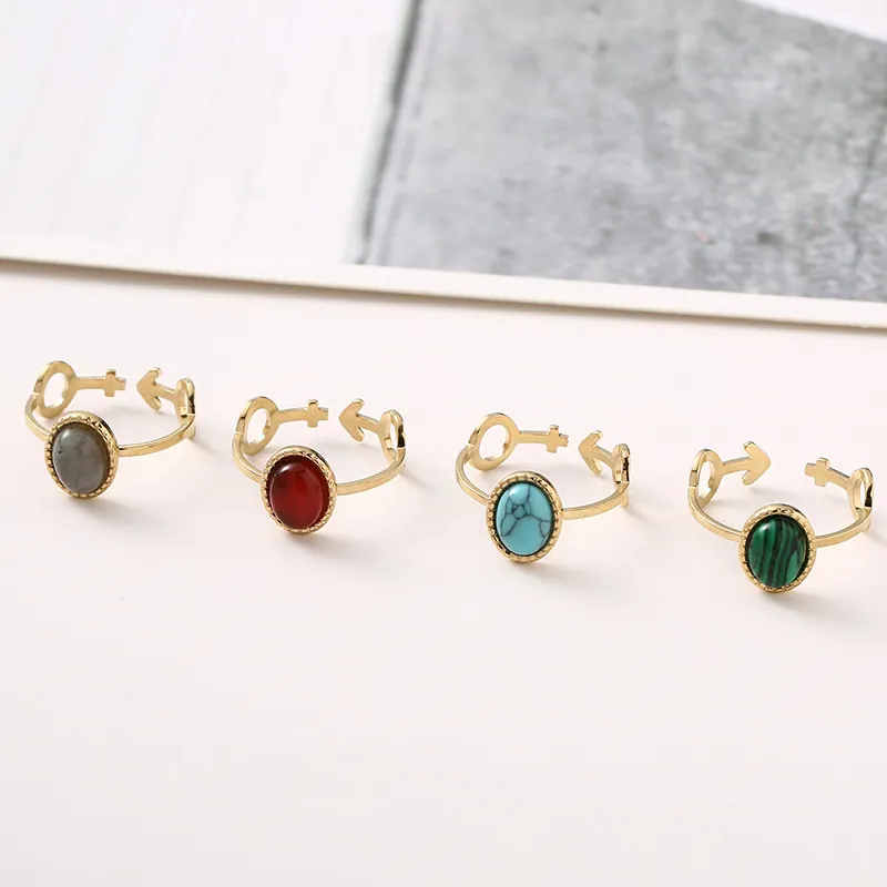 Open Ring Stainless Steel Natural Stone Oval Adjustable Vintage Gold Plated Gender Symbol Venus Mars Fashion Jewelry