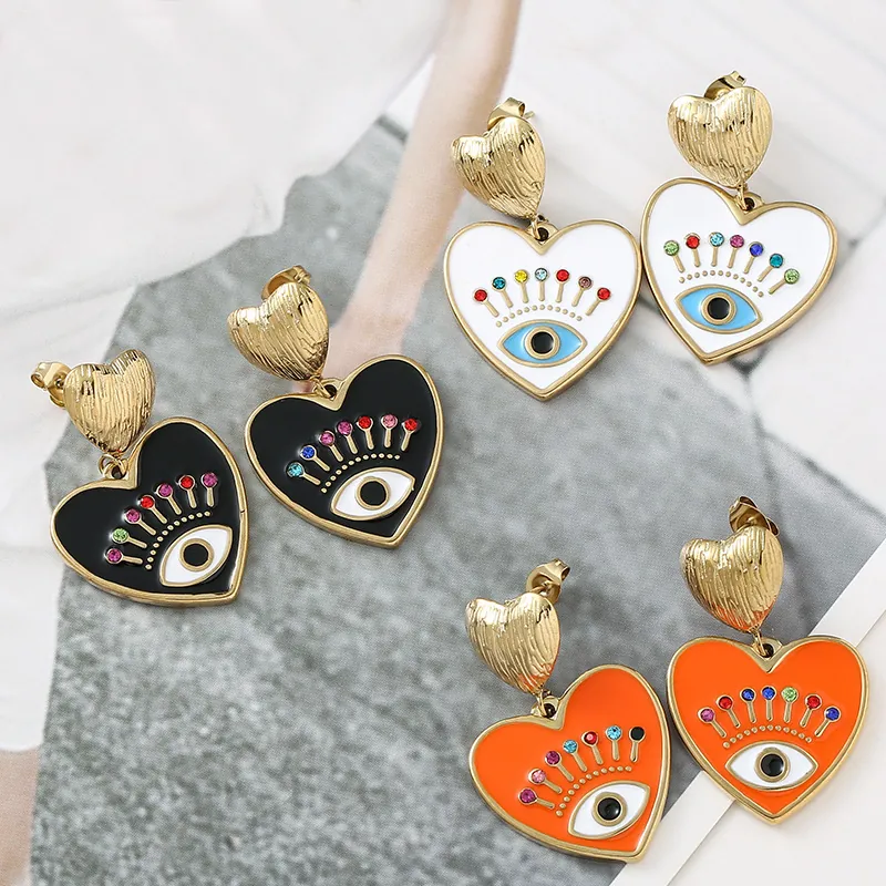 Boucles D'oreilles Pendantes Cœur Mauvais Œil Pour Femmes Acier Inoxydable Émail Strass Vintage Bijoux Exagérés