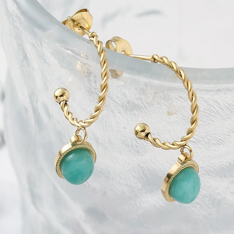 Boucles D'oreilles Créoles Torsadées Françaises Avec Pendentifs Ovales En Pierre Naturelle Acier Inoxydable Vintage
