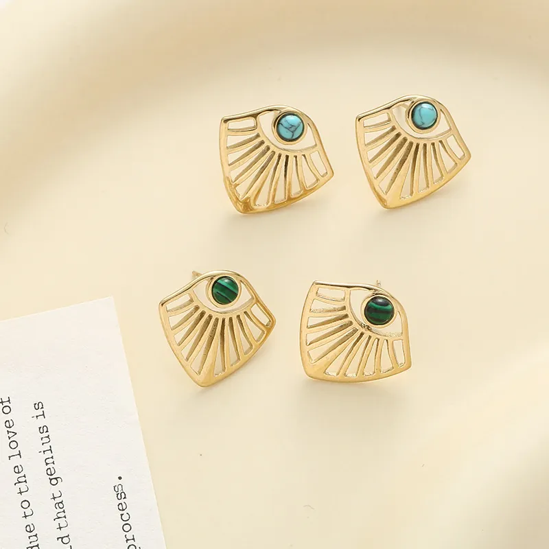 Vintage Fan Shaped Hollow Stud Earrings Stainless Steel With Natural Stone Turquoise Malachite Geometric For Women