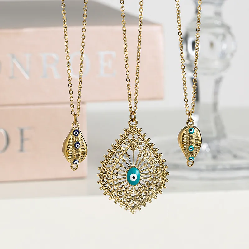 Collier Mauvais Œil Acier Inoxydable Plaque Or Pendentif Goutte Évidé Bohême Bijoux De Chaîne Pour Femmes