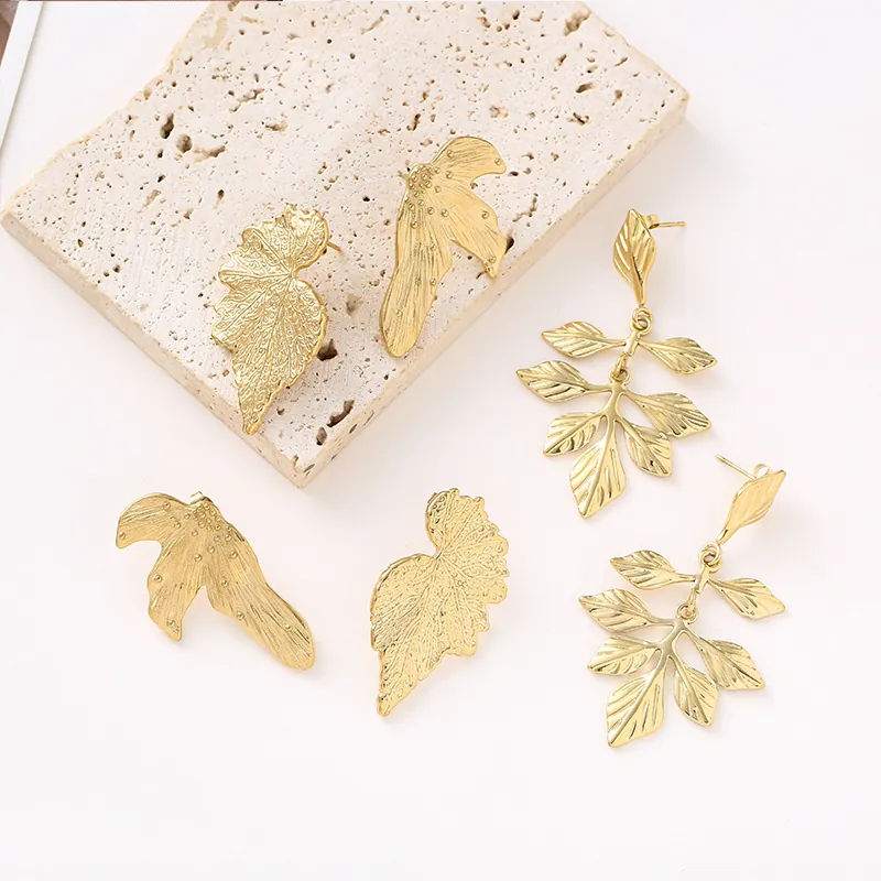 Stainless Steel Gold Leaf Petal Stud Earrings French Pleated Texture Irregular Exaggerated Artistic Jewelry For Women