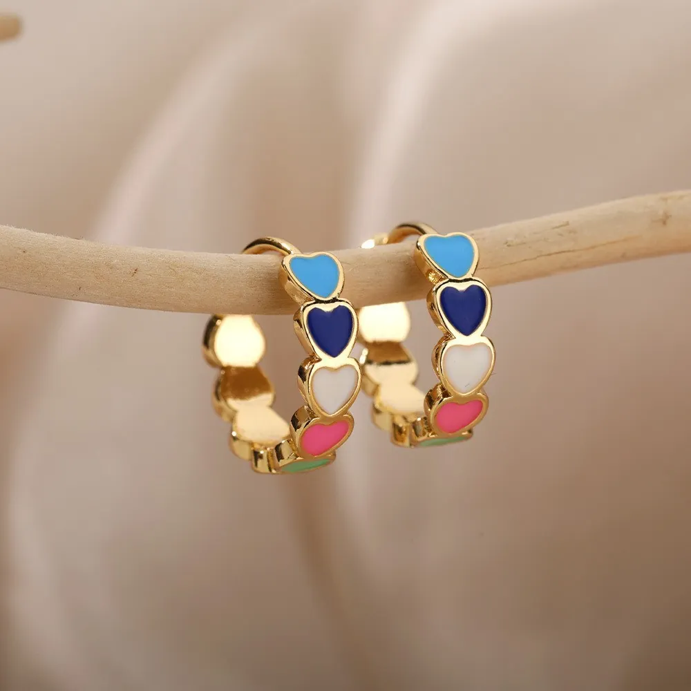 Colorful Enamel Heart Hoop Earrings Copper Gold Plated Minimalist Fashion Jewelry For Women