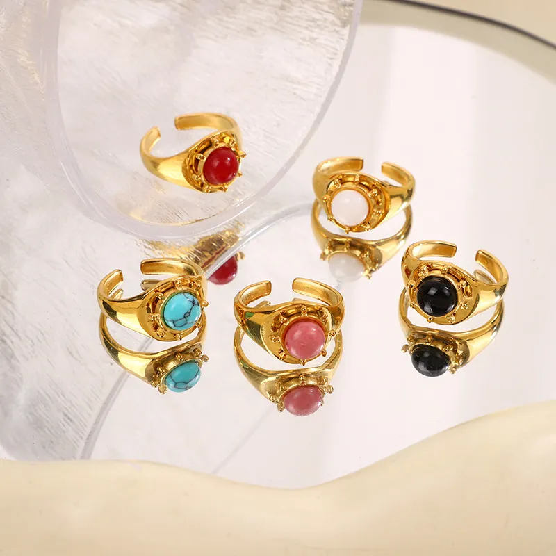 Bague Réglable Bohème Vintage En Acier Inoxydable Doré Pierre Naturelle Ronde Bijoux Rétro Accessoire De Doigt Femme