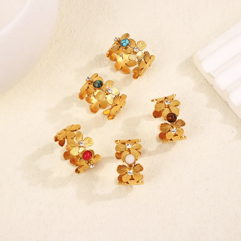 Geometric Flower Open Rings Stainless Steel 18K Gold Plated Colorful Stone Rhinestone Adjustable Bohemian Jewelry Women