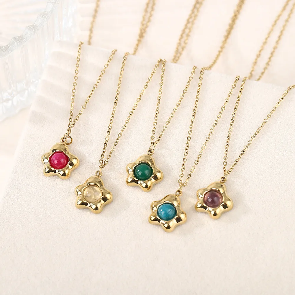 Vintage Hofstil 18K Vergoldeter Edelstahl Naturstein Anhänger Halskette Französischer Retro Schmuck Für Damen