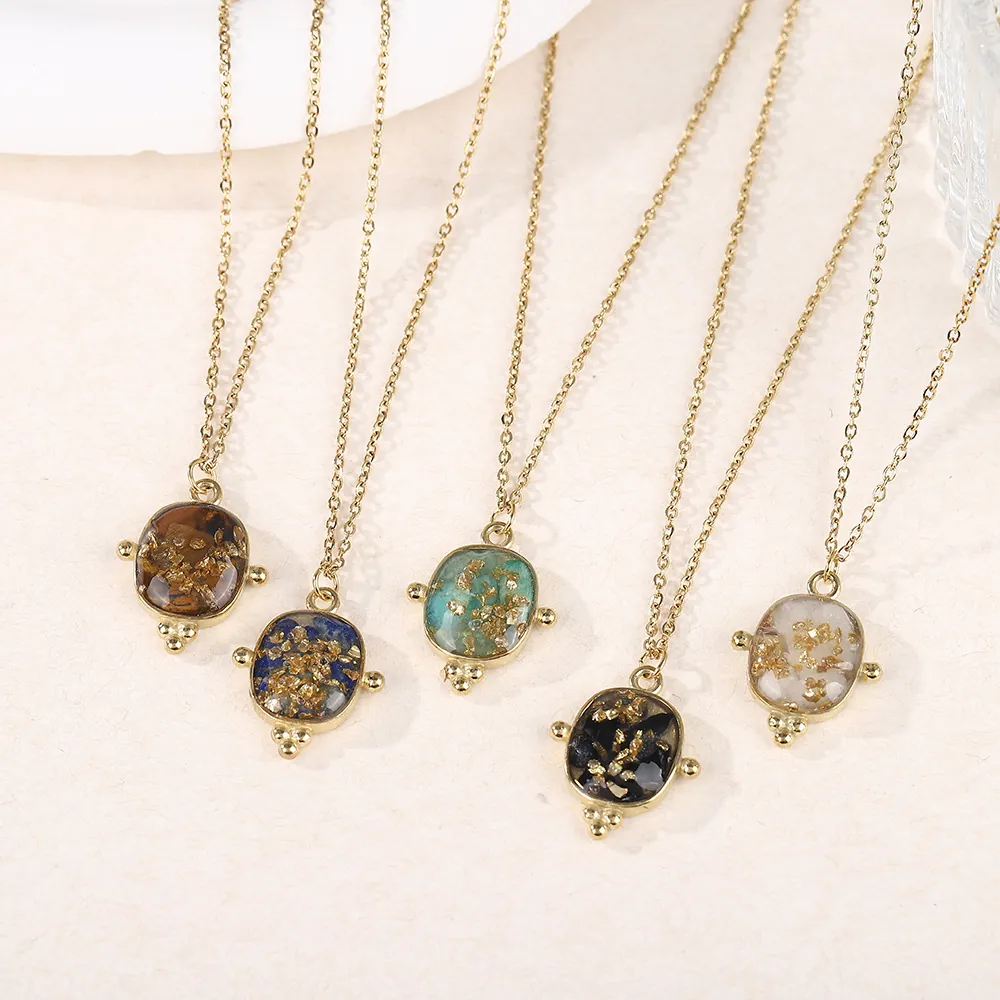 Collier Pendentif En Acier Inoxydable Vintage Ovale Feuille D'or Résine Pierre Naturelle Bijoux De Charme Géométriques Pour Femmes