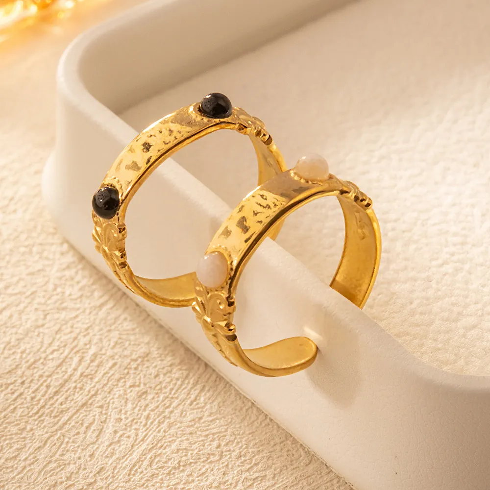 Vintage Stainless Steel Ring With 18K Gold Plating Natural Stone Floral Embossed Adjustable Open Jewelry For Women