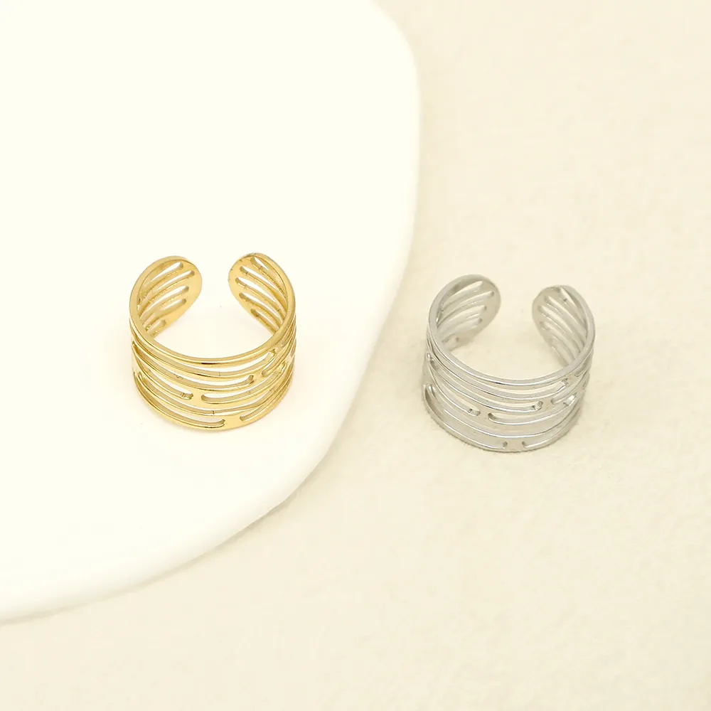 Irregular Geometric Open Rings Stainless Steel Gold Plated Minimalist Hollow Out X Cross Hammered Texture Adjustable For Women
