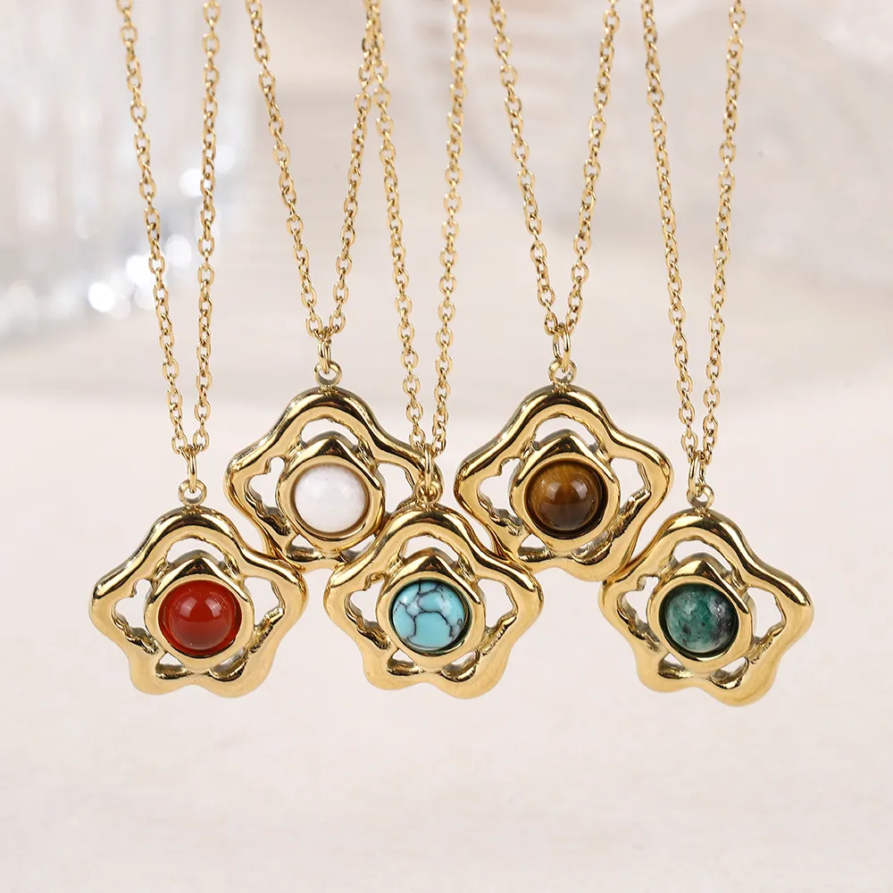 Hollow Flower Pendant Necklace Stainless Steel Natural Stone Vintage Elegant Light Luxury Jewelry For Women