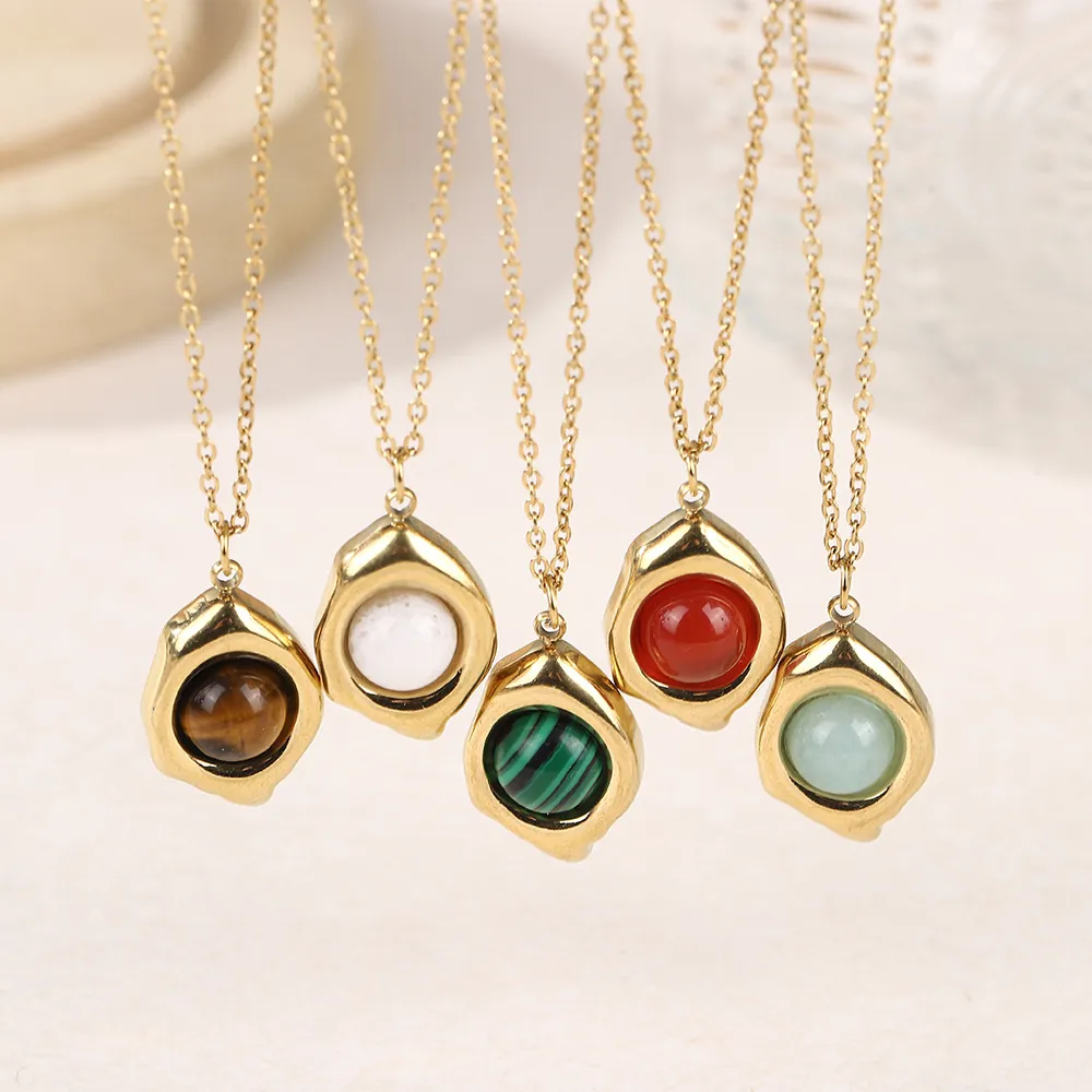 Collier Pendentif En Acier Inoxydable Pierre Naturelle Oeil De Tigre Malachite Géométrique Vintage Bijoux Femmes