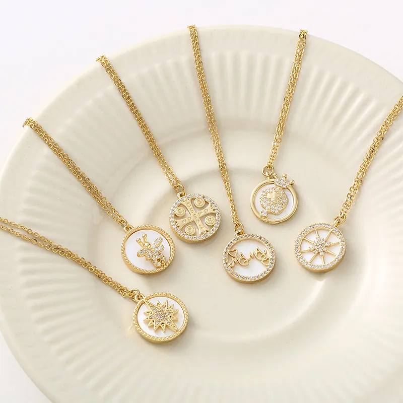 Collier Pendentif Médaillon Rond Cuivre Plaqué Or Avec Zircon Nacre MAMA Abeille Étoile Religieux Pour Femmes