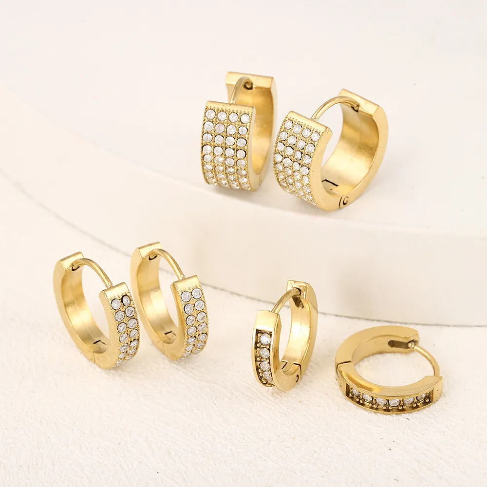 Gold Plated Stainless Steel Rhinestone Hoop Earrings For Women Minimalist Multi Layer Pave Rhinestone Ear Buckle Jewelry