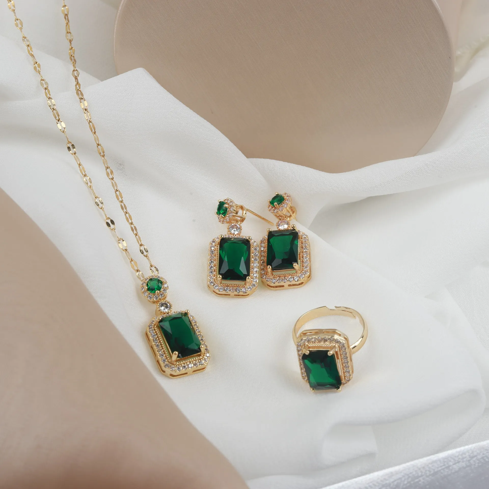 Vintage Emerald Zirconia Necklace Earrings And Adjustable Ring Stainless Steel 18K Gold Plated Rectangular Halo Jewelry For Women Elegant Luxury Accessory