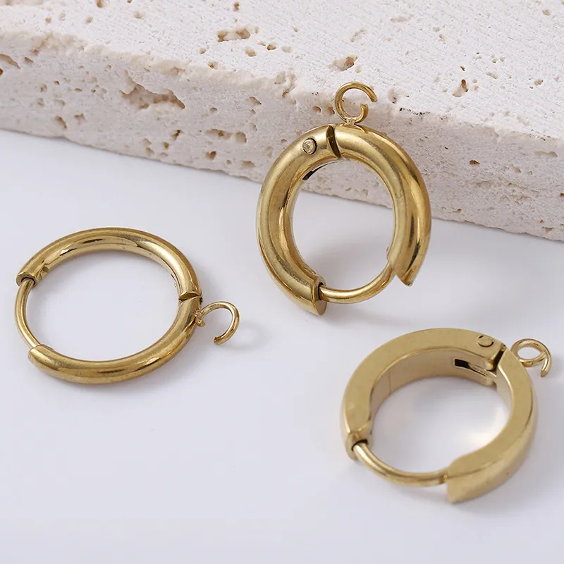 Round Hoop Earring Findings Stainless Steel Gold Plated Spring Buckle With Loop For DIY Jewelry Making Components
