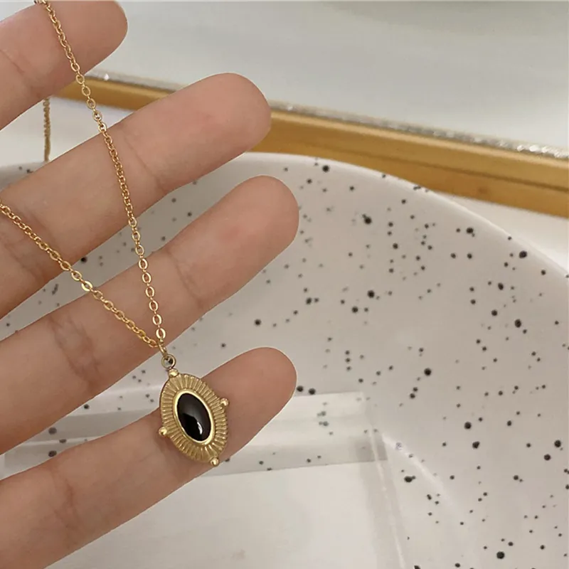 Vintage Oval Natural Stone Pendant Necklace Stainless Steel Sunburst French Style Elegant Jewelry For Women