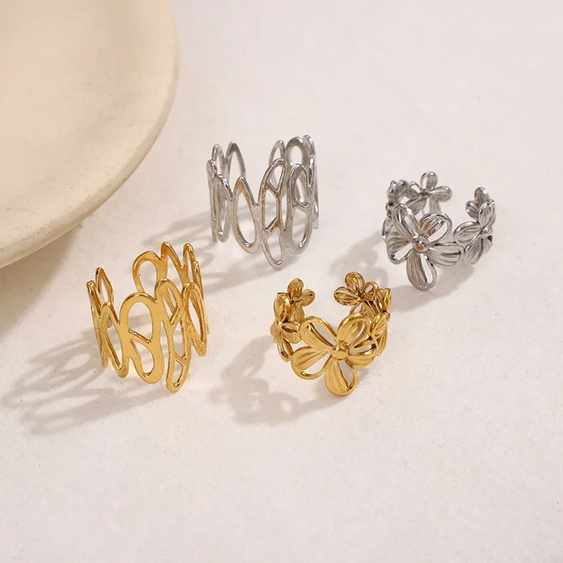 Hollow Flower Irregular Wave Stainless Steel Open Rings For Women Adjustable Band Vintage Fashion Jewelry Accessory