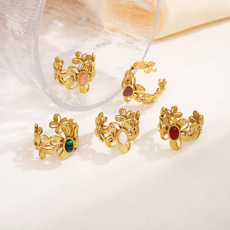 Open Ring Stainless Steel Gold Plated Inlaid Natural Stone Hollow Flower Design French Vintage Adjustable Jewelry For Women