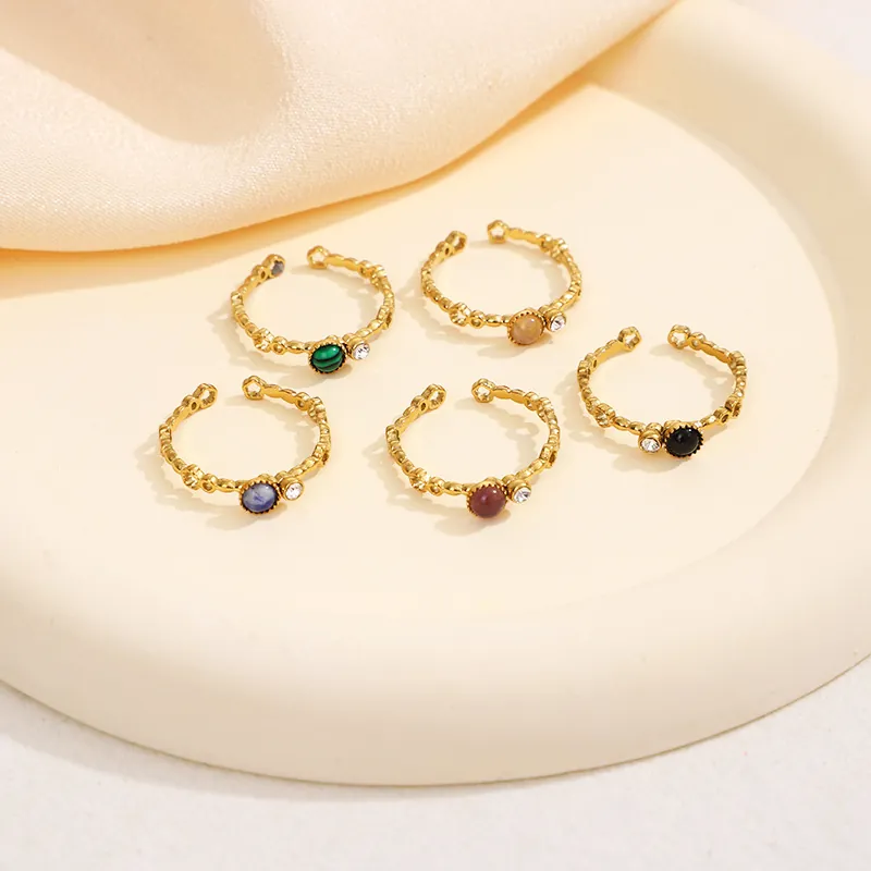French Style Hollow Flower Open Ring Stainless Steel Zircon Colorful Stone Adjustable Minimalist Jewelry For Women