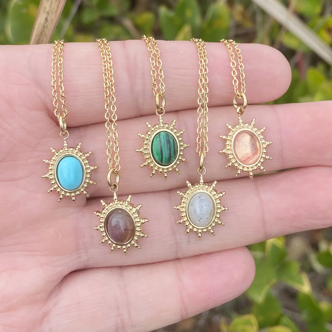 Oval Natural Stone Pendant Necklace Stainless Steel Sunburst Starburst Retro Clavicle Chain For Women