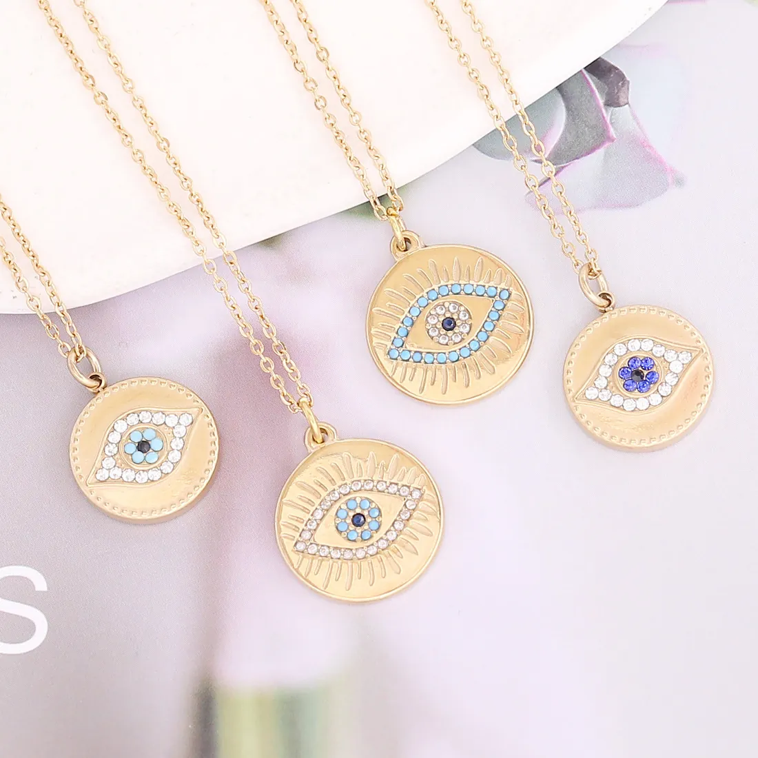 Collier Pendentif Oeil Mauvais Rond Acier Inoxydable Plaqué Or Strass Talisman De Protection Bijoux Mode Femmes