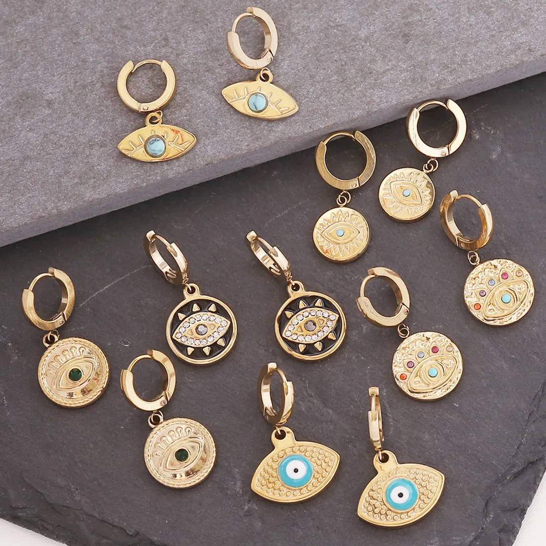 Evil Eye Hoop Oorbellen Roestvrij Staal Goud Verguld Emaille Strass Franse Vintage Stijl Dames Mode Sieraden