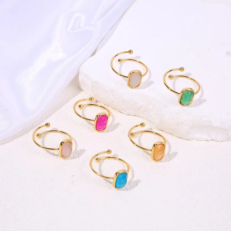 Stainless Steel Adjustable Open Ring For Women Colorful Natural Stone Gold Plated Minimalist French Style Jewelry