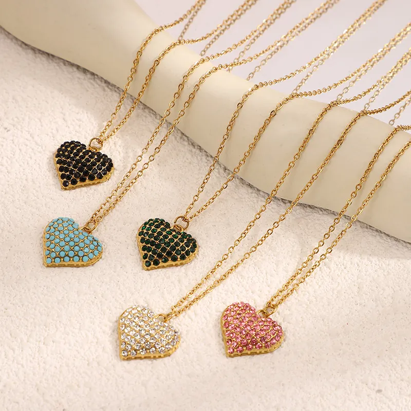 Collana Con Ciondolo A Cuore In Acciaio Inossidabile Pavé Di Strass Colorati Gioielli Di Moda Per Donna
