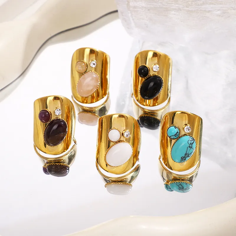 Vintage Wide Band Ring Stainless Steel With Oval Natural Stone Rhinestone Luxury Bohemian Style Jewelry For Women