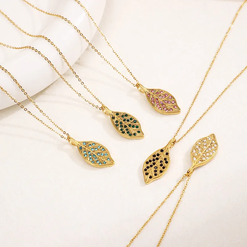 Leaf Pendant Necklace Stainless Steel Gold Plated Colorful Cubic Zirconia Dainty Nature Inspired Jewelry For Women