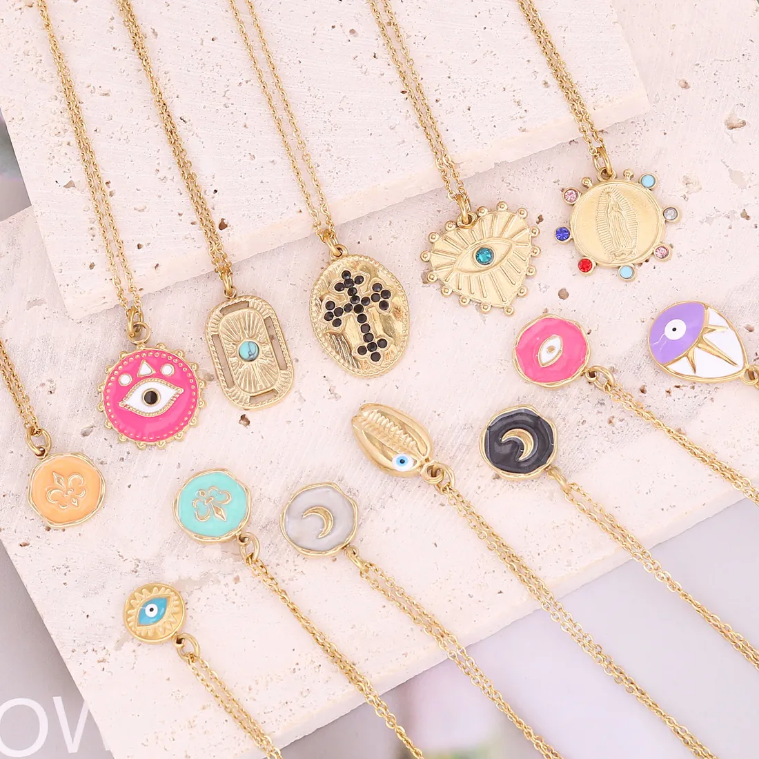 Evil Eye Pendant Necklace Stainless Steel Gold Plated Enamel Celestial Moon Heart Vintage Bohemian Jewelry Gift For Women