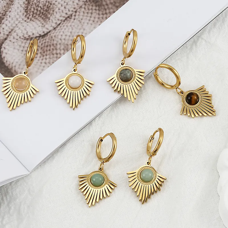 Stainless Steel Hoop Earrings Gold Plated Natural Stone Sunburst Geometric Bohemian Vintage Jewelry For Women