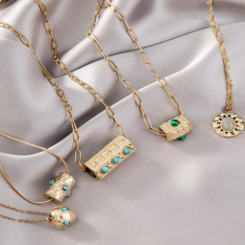 Collier Vintage Oeil Du Mal Acier Inoxydable Plaqué Or Pendentif Pierre Turquoise Malachite Bijoux Bohèmes Femmes