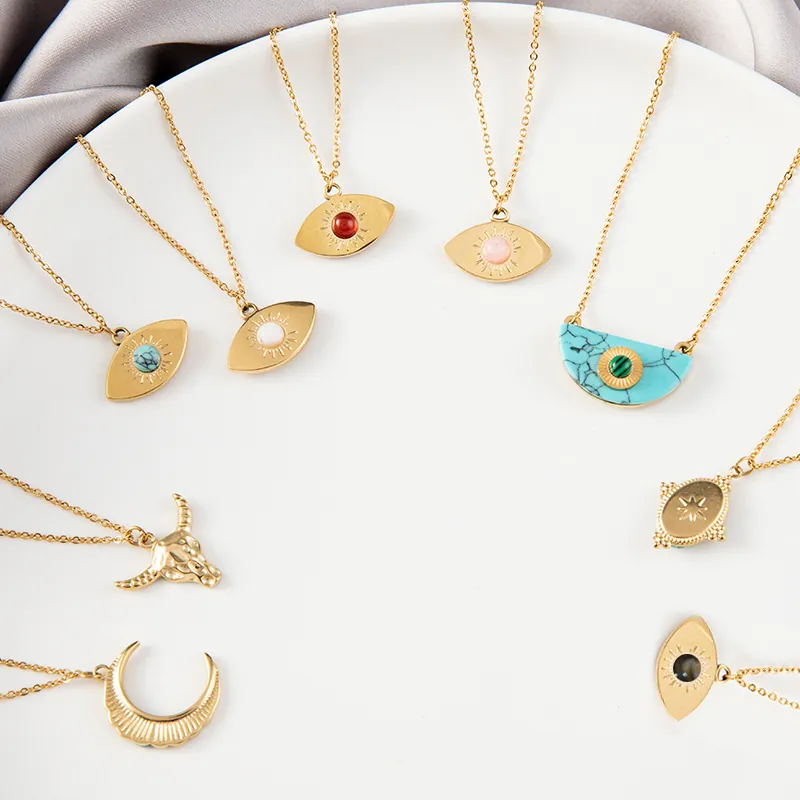 Vintage Stainless Steel Necklace For Women Bohemian Evil Eye Turquoise Moon Star Pendant Retro Jewelry
