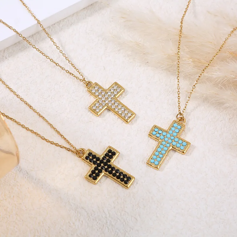Collana Pendente Croce Acciaio Inossidabile Con Pavé Di Strass Gioielli Moda Catena Clavicola Accessorio Donna