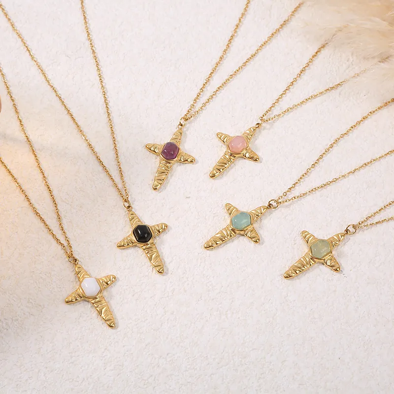 Retro Cross Pendant Necklace Inlaid Natural Stone Stainless Steel Hammered Texture Vintage Clavicle Chain Jewelry For Women