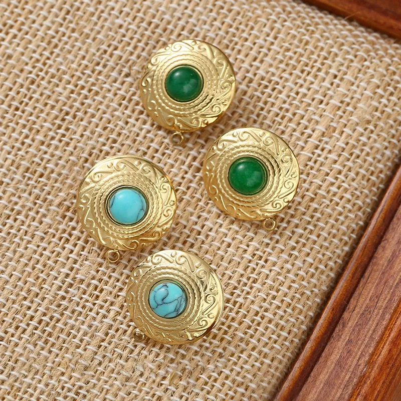 French Vintage Court Style Round Stud Earrings Stainless Steel 18K Gold Plated Green Natural Stone Inlaid Elegant Jewelry Women