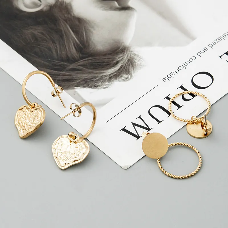 Stainless Steel Gold Earrings Heart Hammered Geometric Twisted Ring Studs Retro French Minimalist Jewelry For Women
