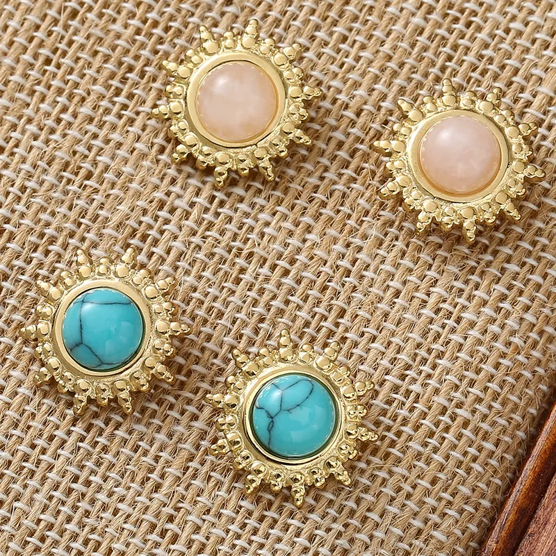 Boucles D'oreilles Clous Tournesol Vintage Acier Inoxydable Avec Pierre Naturelle Gaufré Style Bohème Pour Femmes