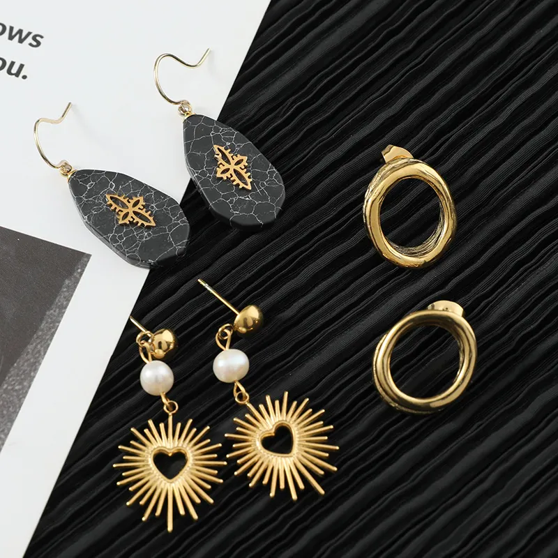 Vintage Stainless Steel Earrings Gold Plated Hollow Heart Sunburst Faux Artificial Pearl Black Marble Water Drop Elegant Women Jewelry
