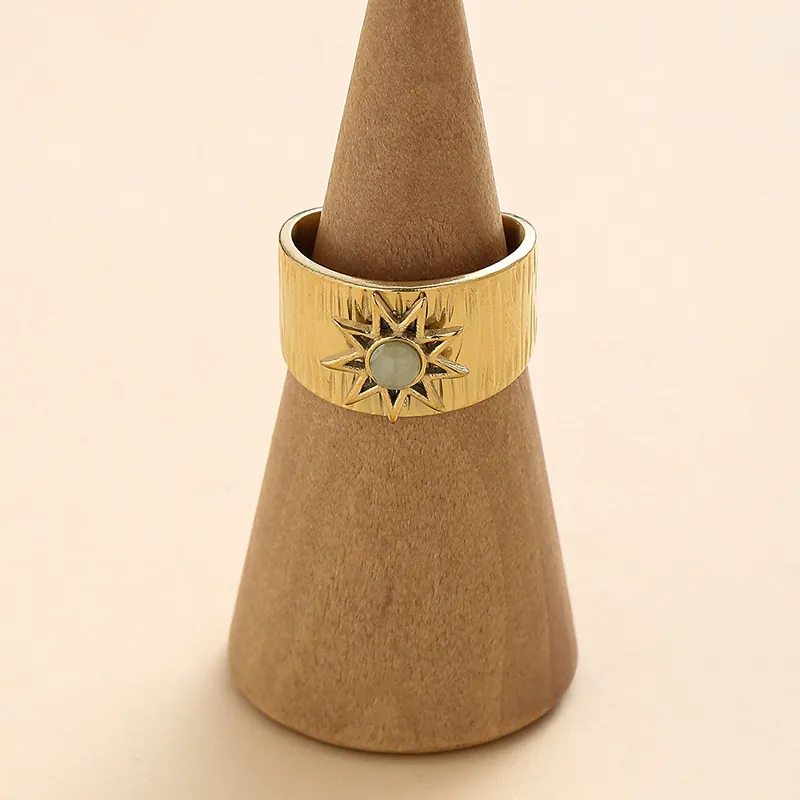 Stainless Steel Wide Band Ring Starburst Motif Inlaid Green Stone Adjustable Open Design Retro Bohemian Jewelry For Women