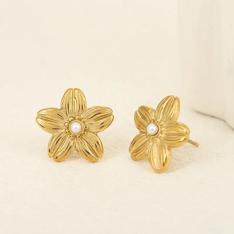 Boucles D'Oreilles Puces Fleur Acier Inoxydable Plaqué Or Motif Pétale Avec Künstliche Perle Blanche Bijoux Élégants Femmes