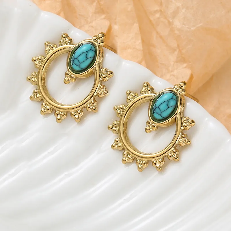 Bohemian Sunburst Stud Earrings Stainless Steel Golden Oval Turquoise Stone Ethnic Vintage Style For Women Niche Jewelry