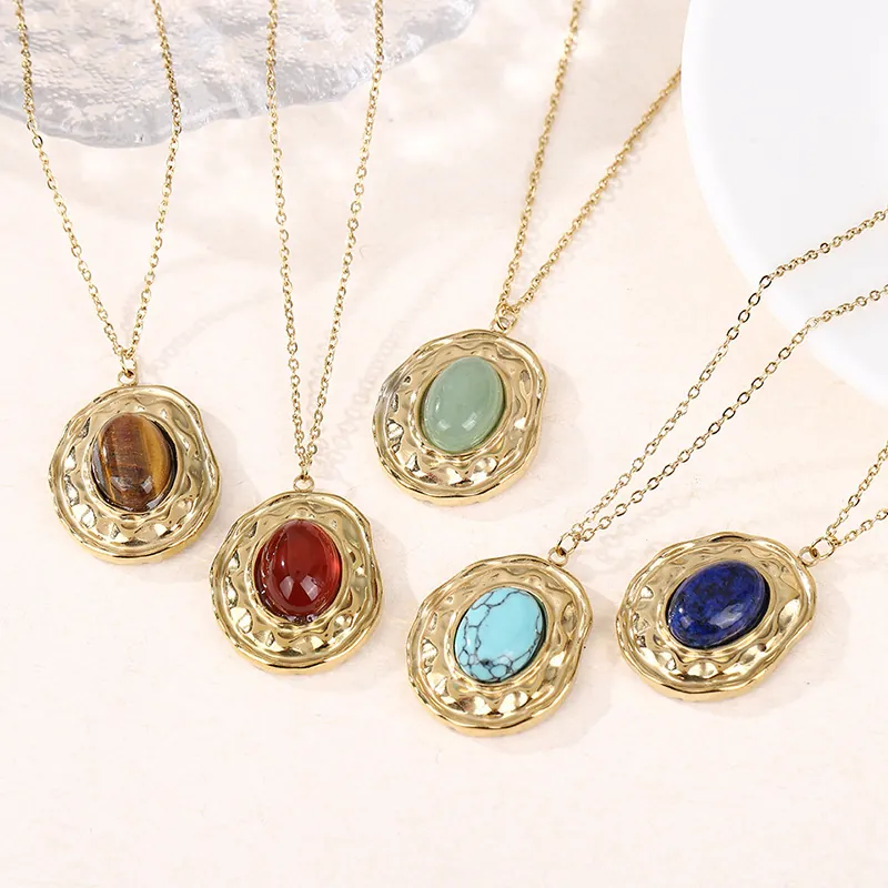 Vintage Oval Naturstein Anhänger Halskette Für Frauen Edelstahl Vergoldet Gehämmert Edelstein Schmuck
