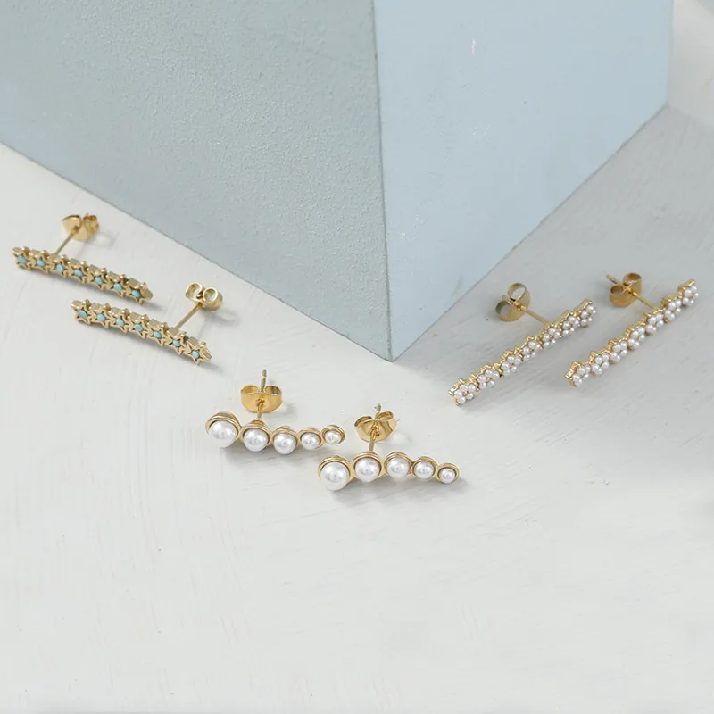 Boucles D'oreilles En Acier Inoxydable Plaqué Or Avec Künstliche Perles D'imitation Et Étoiles Turquoise Motif Fleur Rétro Luxe Pour Femme