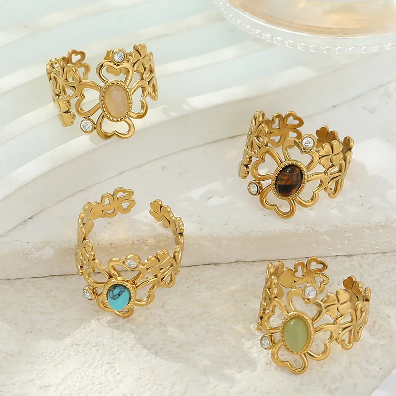 Vintage Hollow Flower Clover Ring Stainless Steel 14K Gold Plated Adjustable Open Band Gemstone Jewelry For Women