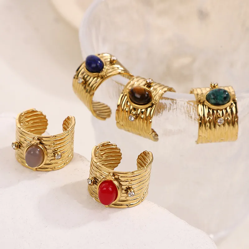 Vintage Edelstahl Breitband Offener Ring Künstlicher Türkis Tigerauge Eingelegter Strass Böhmischer Ethnoschmuck Für Damen